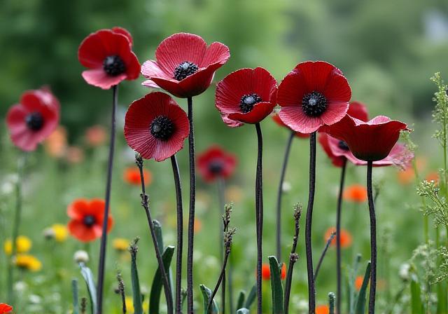 A cluster of tall, stylized metal poppy sculptures.