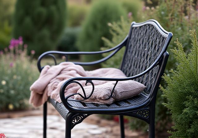 A handcrafted iron bench with leaf motifs on the backrest.