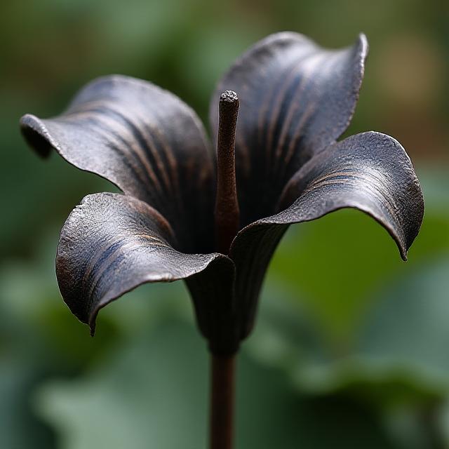 A close-up of a detailed metal lily sculpture with a dark patina.